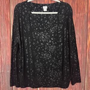 Chicos Size 2 Leopard Black Long Sleeve Top Stretch Spandex Large L